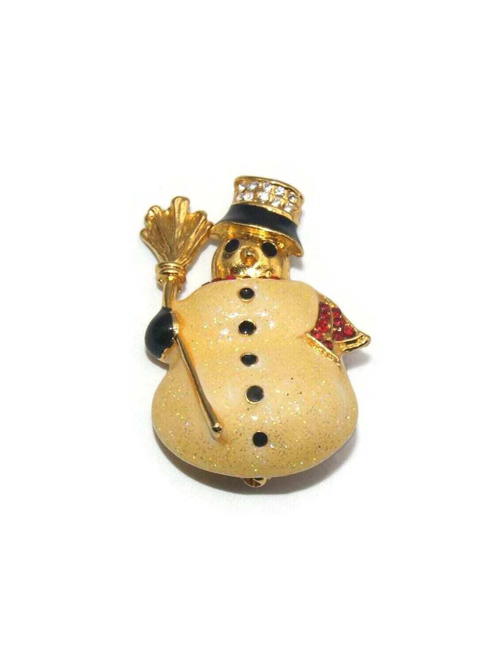 Vintage Gold Tone With Enamel and Rhinestones Snowman Brooch.